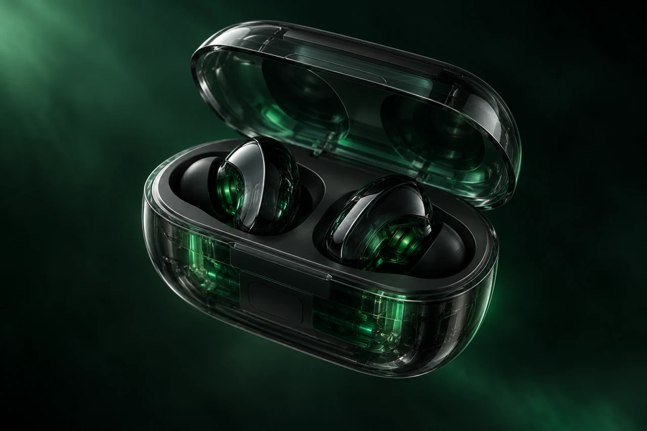 Transparent conceptual earbuds and open charging case with emerald internal details
