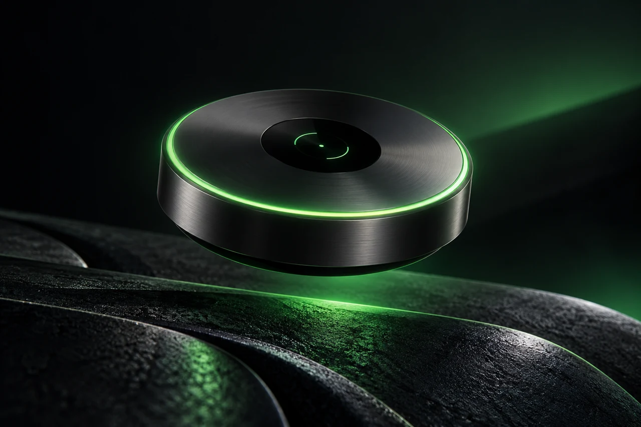 Floating graphite smart-home hub concept with a green illuminated ring